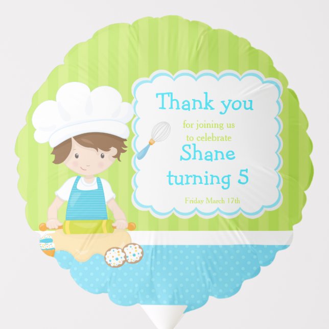 Cute Brunette Boy Baking Birthday Party Balloon (Front)