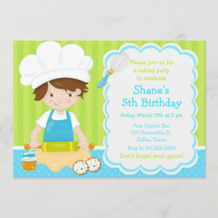 Cute Brunette Boy Baking Birthday Party Invitation