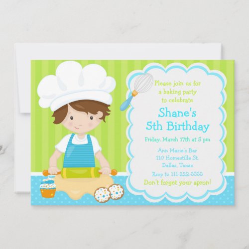Cute Brunette Boy Baking Birthday Party Invitation