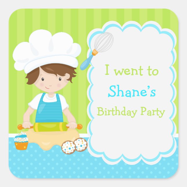 Cute Brunette Boy Baking 'I went to' Square Sticker (Front)