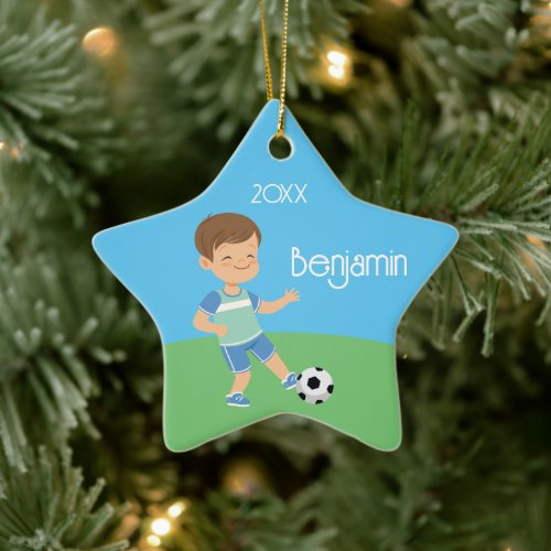 Cute Brunette Boy Soccer Player Ceramic Ornament