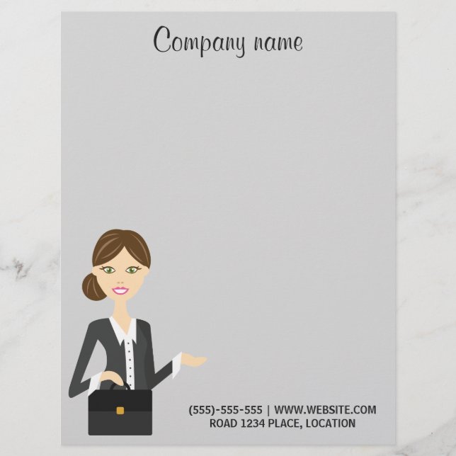 Cute Brunette Business Woman Illustration Letterhead (Front)
