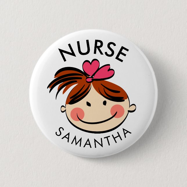 Cute Brunette Cartoon Nurse Name Button (Front)