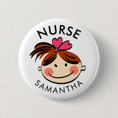 Cute Brunette Cartoon Nurse Name Button