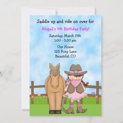 Cute Cowgirl and Horse Birthday Invitation