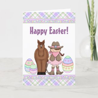 Cute Brunette Cowgirl and Horse Happy Easter Card
