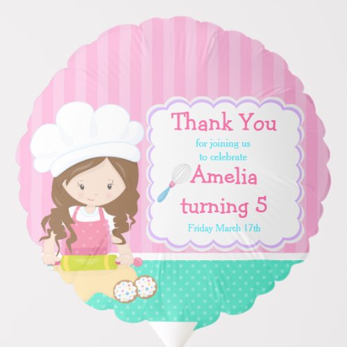 Cute Brunette Girl Baking Birthday Party Balloon