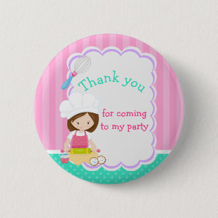 Cute Brunette Girl Baking Birthday Party Button