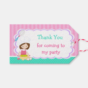 Cute Brunette Girl Baking Birthday Party Gift Tags