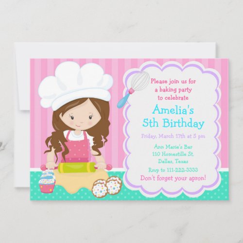 Cute Brunette Girl Baking Birthday Party Invitatio Invitation