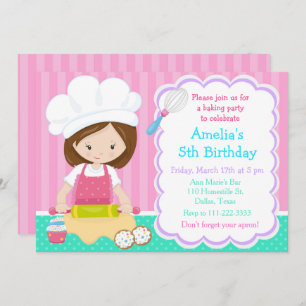 Cute Brunette Girl Baking Birthday Party Invitation