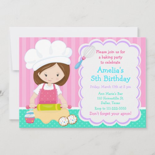 Cute Brunette Girl Baking Birthday Party Invitation