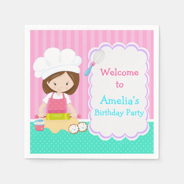 Cute Brunette Girl Baking Birthday Party Napkins (Front)