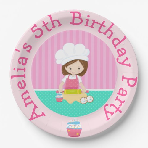 Cute Brunette Girl Baking Birthday Party Paper Plates