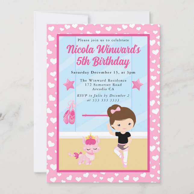 Cute Brunette Girl Ballerina Kids Birthday  Invitation (Front)