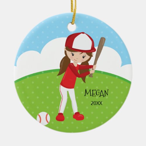 Cute Brunette Girl Baseball Personalized Christmas Ceramic Ornament