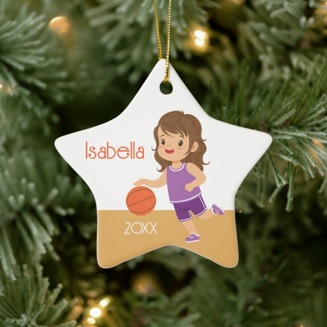 Cute Brunette Girl Basketball Ceramic Ornament (Tree)