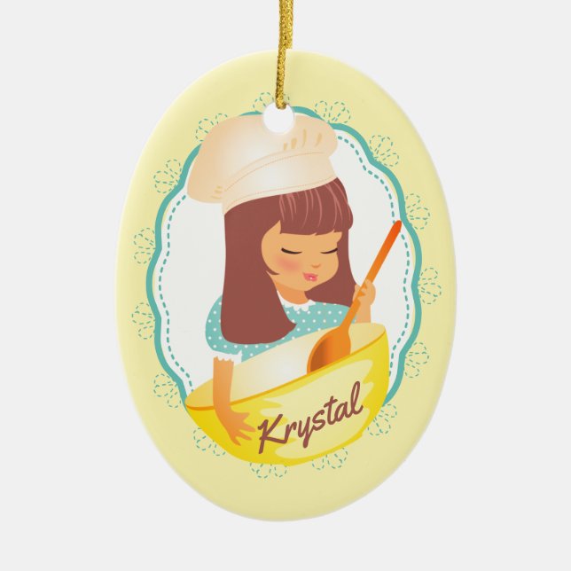 Cute brunette girl chef personalized Christmas Ceramic Ornament (Front)