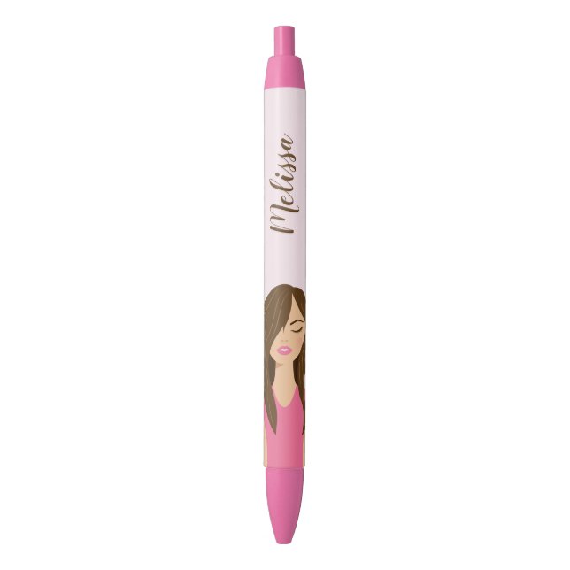 Cute Brunette Girl Illustration With Custom Name Pen (Front Vertical)