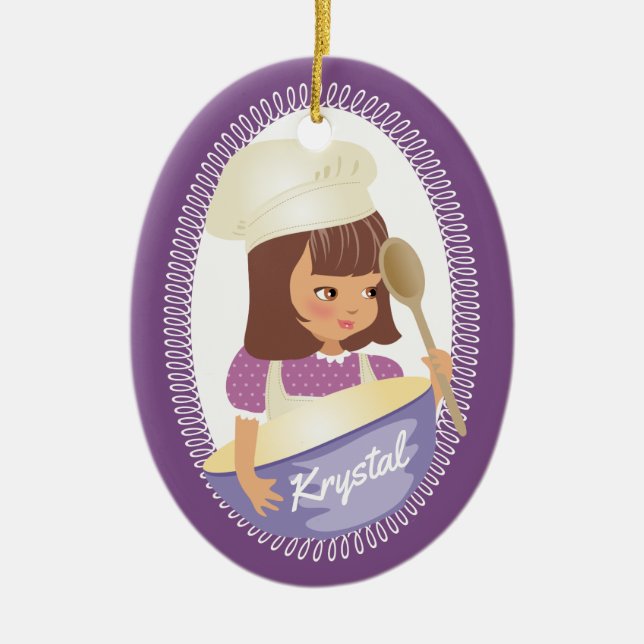 Cute brunette girl kids chef culinary Christmas Ceramic Ornament (Front)