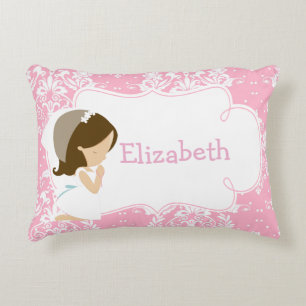 Cute Brunette Girl Praying and Poem Accent Pillow