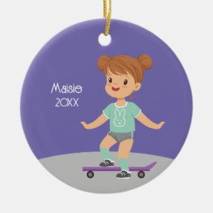 Cute Brunette Girl Skateboard Ceramic Ornament