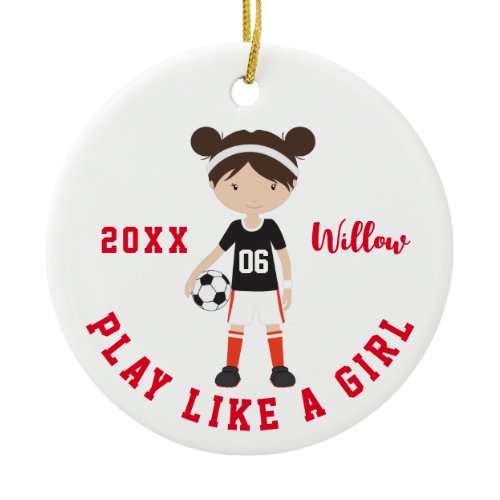 Cute Brunette Girl Soccer Personalized Christmas C Ceramic Ornament
