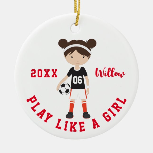 Cute Brunette Girl Soccer Personalized Christmas C Ceramic Ornament (Front)