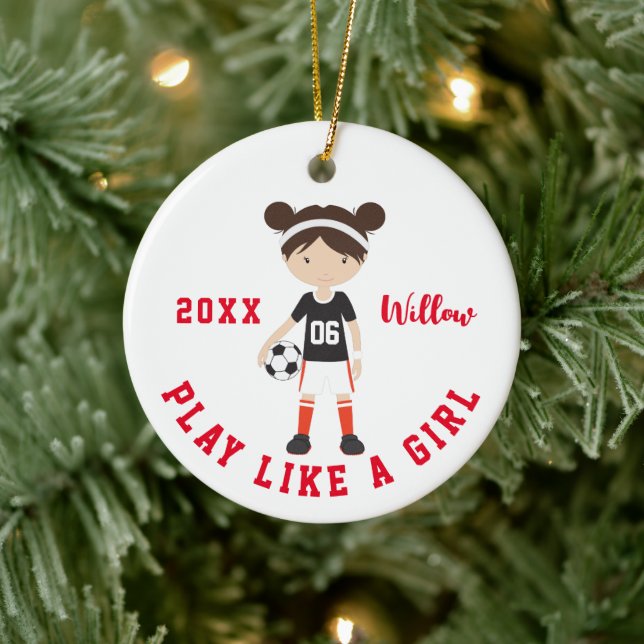 Cute Brunette Girl Soccer Personalized Christmas Ceramic Ornament (Tree)