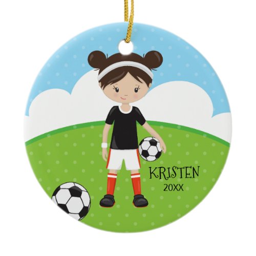 Cute Brunette Girl Soccer Personalized Christmas Ceramic Ornament