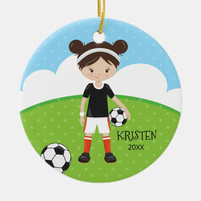 Cute Brunette Girl Soccer Personalized Christmas Ceramic Ornament (Front)