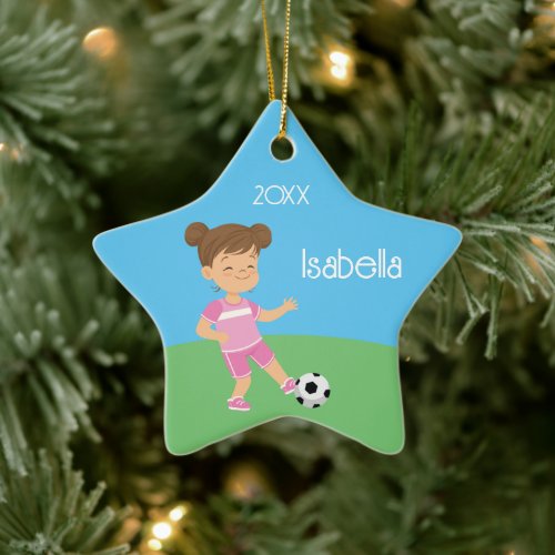 Cute Brunette Girl Soccer Player Ceramic Ornament