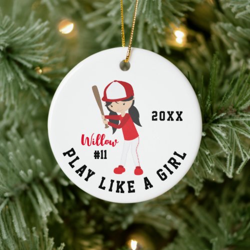 Cute Brunette Girl Softball Player Christmas   Ceramic Ornament