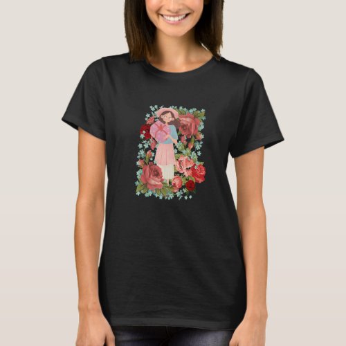 Cute brunette girl with roses and forgetmenots T_Shirt