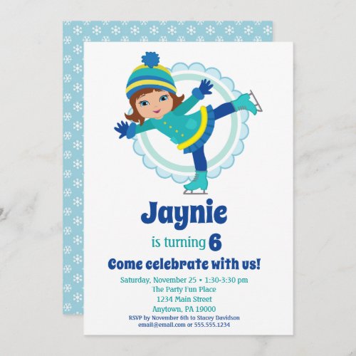 Cute Brunette Girls Ice Skating Birthday Party Invitation