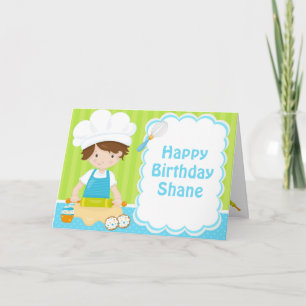 Cute Brunette Hair Boy Baking Birthday Party Card