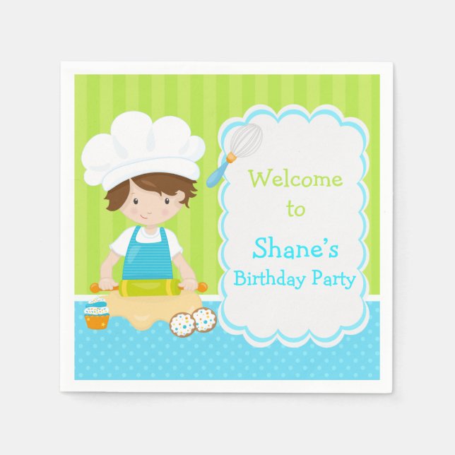 Cute Brunette Hair Boy Baking Birthday Party Napkins (Front)