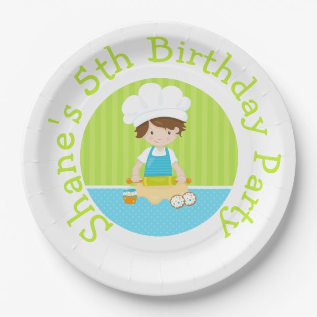 Cute Brunette Hair Boy Baking Birthday Party Paper Plates (Front)