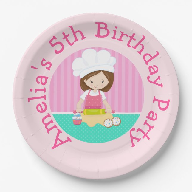 Cute Brunette Hair Girl Baking Birthday Party Paper Plates (Front)