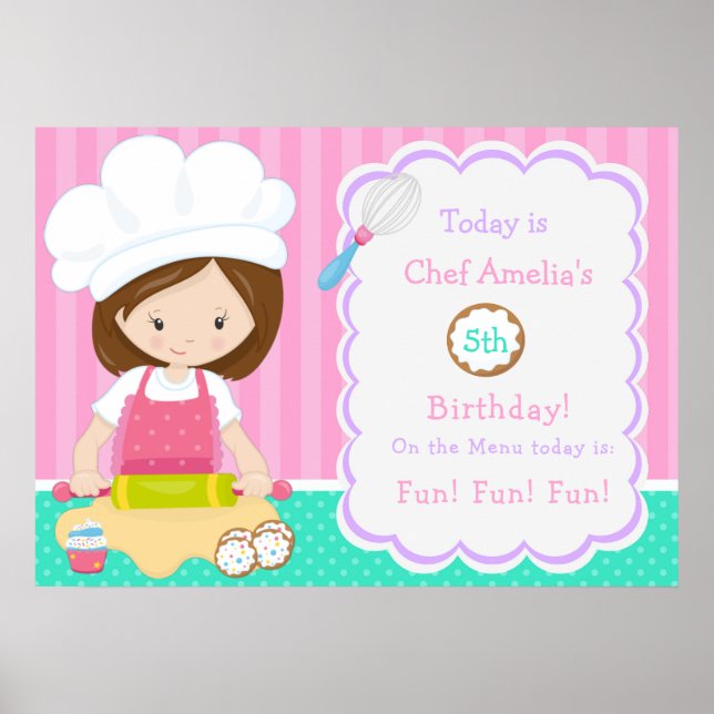 Cute Brunette Hair Girl Baking Birthday  Poster (Front)
