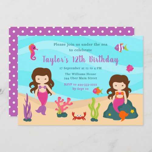 Cute Brunette Hair Mermaid Birthday Invitation