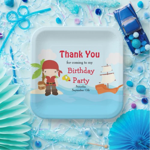 Cute Brunette Hair Pirate Boy in Red Birthday Paper Plates