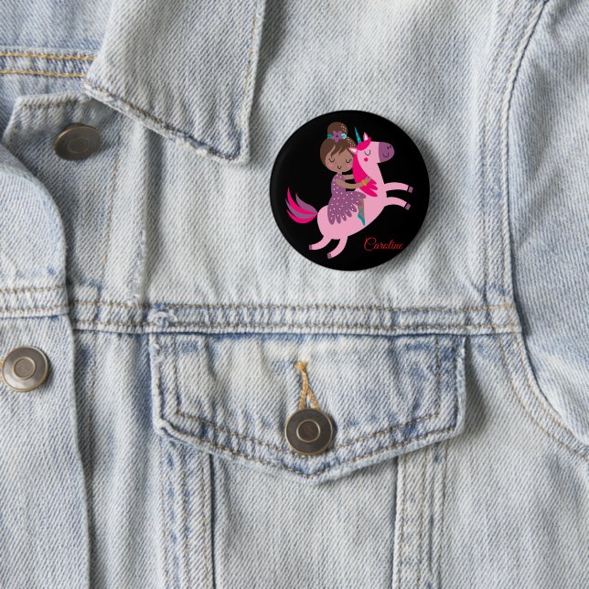 Cute Brunette Haired Girl Riding on a Unicorn Button (In Situ)