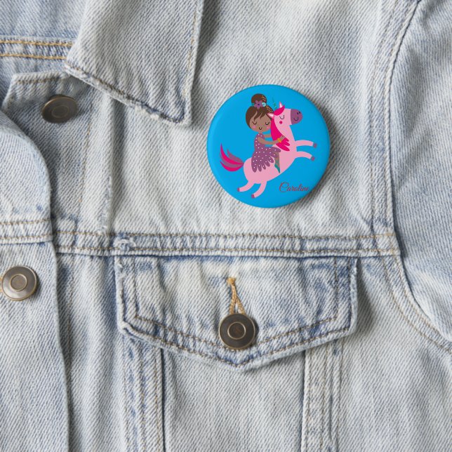 Cute Brunette Haired Girl Riding on a Unicorn Button (In Situ)
