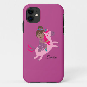 Cute Brunette Haired Girl Riding on a Unicorn iPhone 11 Case