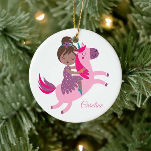 Cute Brunette Haired Girl Riding on a Unicorn Ceramic Ornament