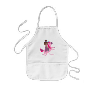 Cute Brunette Haired Girl Riding on a Unicorn Kids' Apron