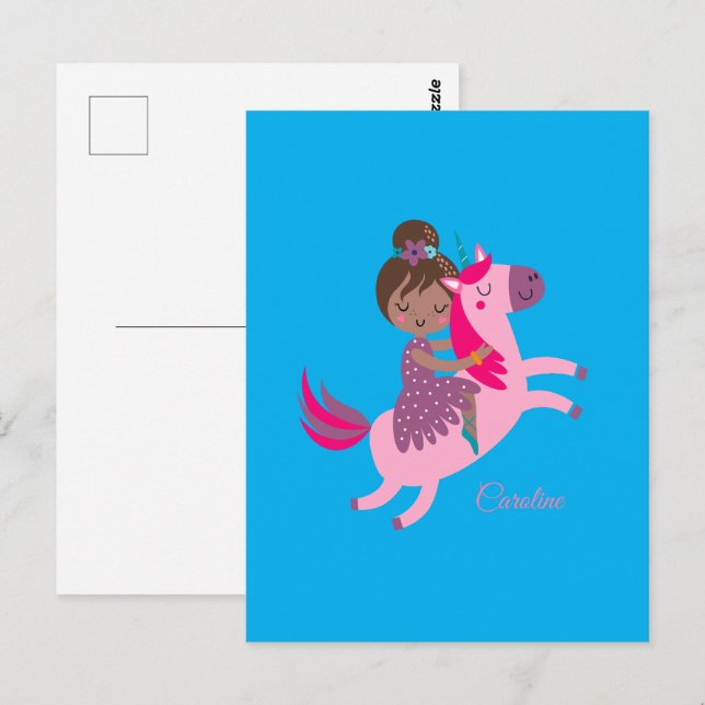 Cute Brunette Haired Girl Riding on a Unicorn Postcard (Front/Back)