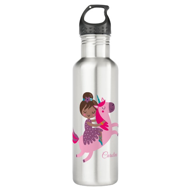 Cute Brunette Haired Girl Riding on a Unicorn Stainless Steel Water Bottle (Front)