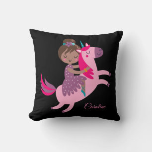 Cute Brunette Haired Girl Riding on a Unicorn Thro Throw Pillow